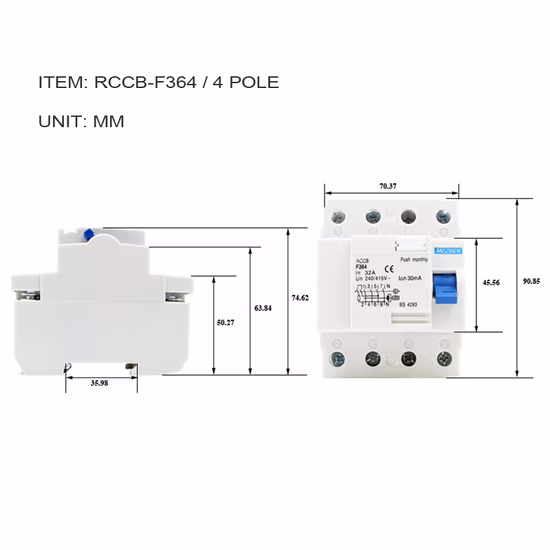 2-poliger elektronischer oder magnetischer Fehlerstromschutzschalter (RCCB).